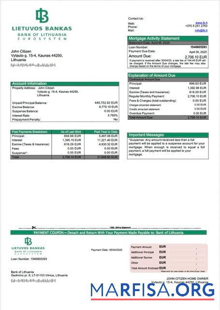 Downloadable Lithuania Bank of Lithuania mortgage statement Word and PDF template
